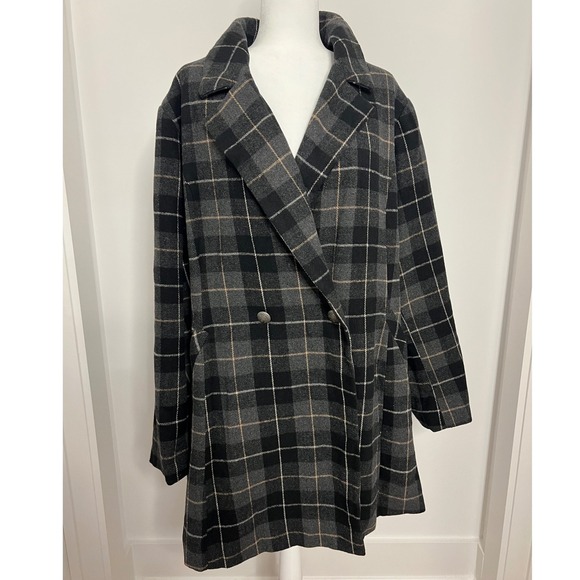 Torrid Women's Plaid Overcoat Size 4 Double Breasted Gray Black Coat Wool Blend - Picture 1 of 9